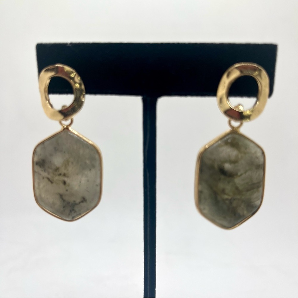 Green Stone Drop Earrings | Gold Tone Geometric Dangle | Natural Stone Look